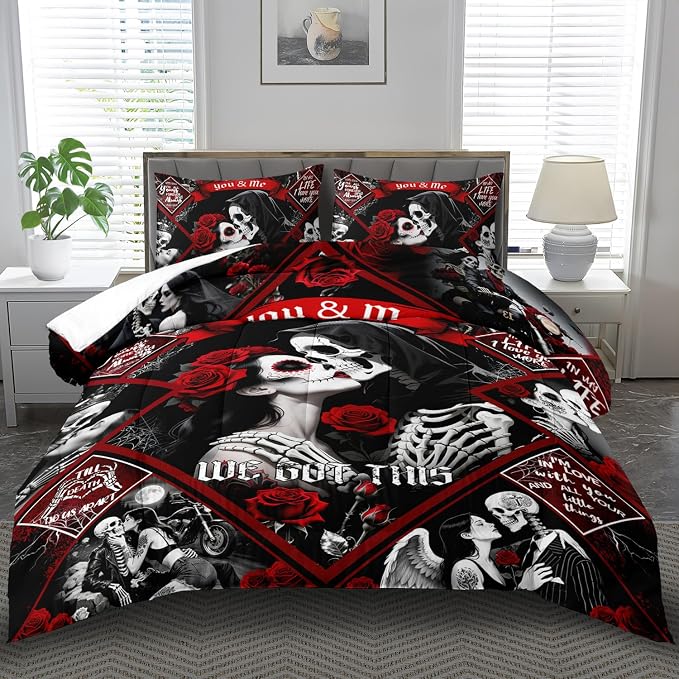 3-piece Red Skull Comforter Set Queen Size Women Men Black Goth Bedding Set Girls Gothic Queen Size Comforter Couple Red Rose Couple Bedding Boho Skull Quilt Bedroom Decor