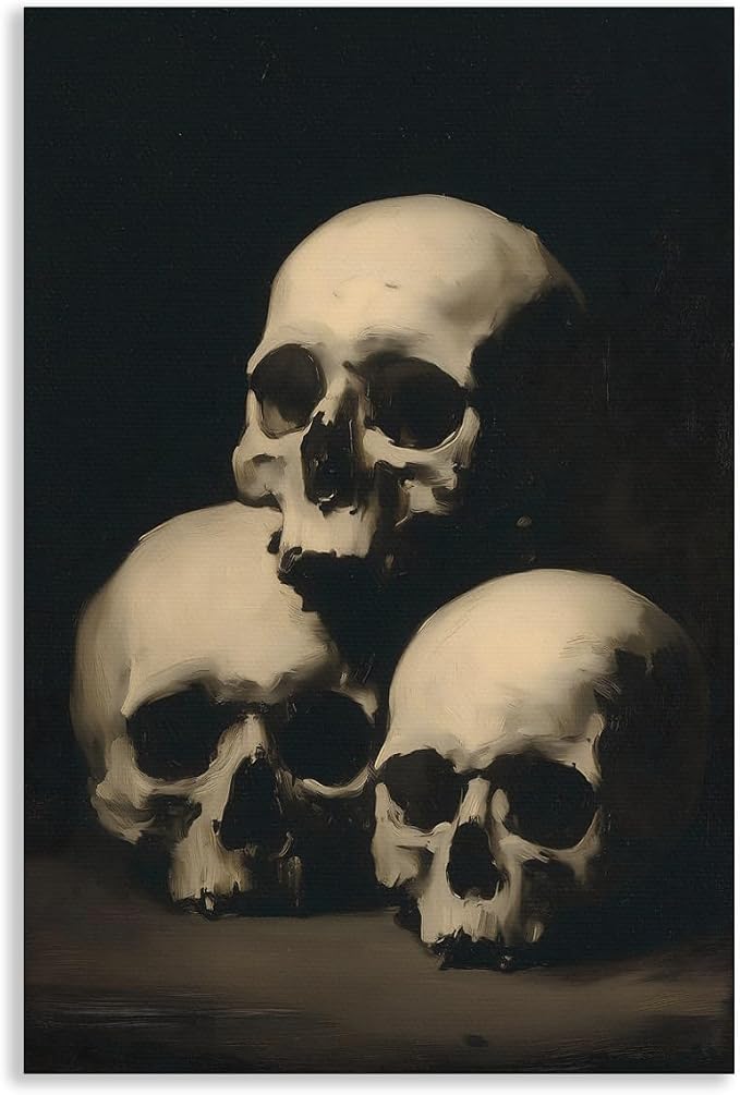 Gothic Skulls Still Life Painting Poster, Dark Academia Halloween Canvas Wall Art, Dark Moody Spooky Skeleton Print, Goth Halloween Holiday Picture for Bedroom Living Room 12x16in Unframed - skull painting