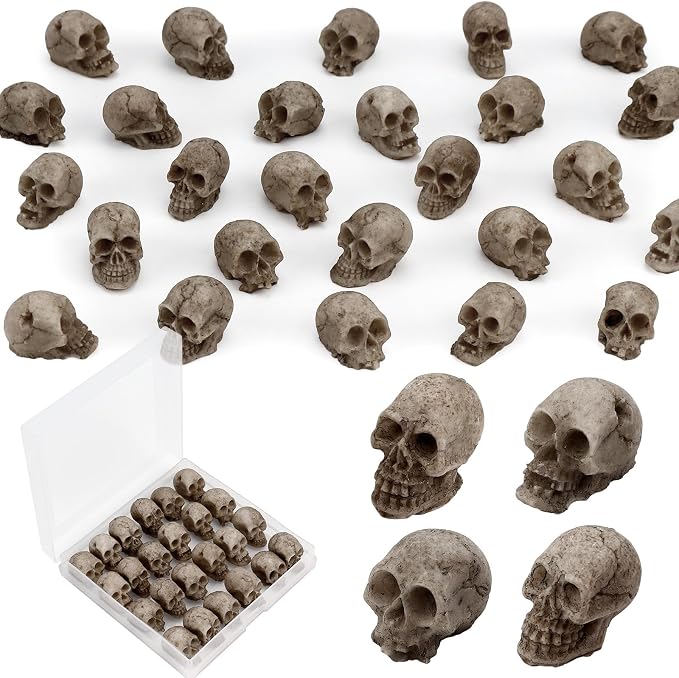 24 PCS Mini Skull Heads, Miniature Skeleton Heads Figurines, Tiny Resin Skulls for Crafts Halloween Party Micro Landscape Cake Topper Plants Outdoor Decoration - skull figurine