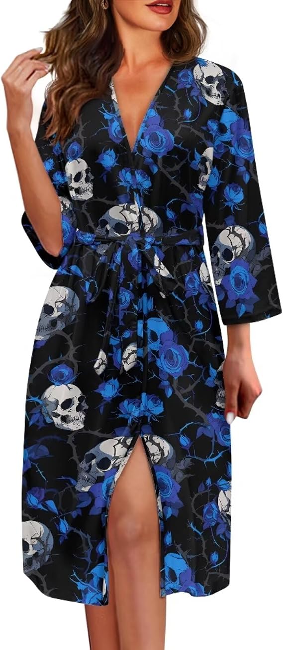 Long Robes for Adult Women Long Sleeve Women Nightgown with Belt Plus Size Loungewear - skull pajamas