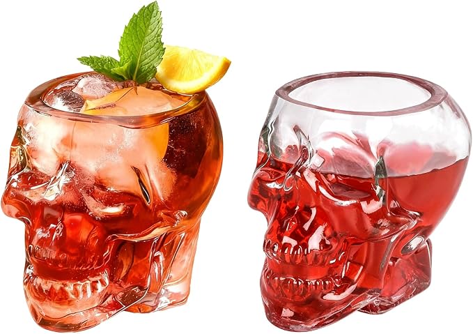 2Pcs 12oz Halloween Skull Glass Cup Wine Glass Multipurpose Clear Skull Face Drinking Cup for Cocktail Margarita Whiskey Juice for Halloween Themed Party Decorations Gifts (2, 12oz)