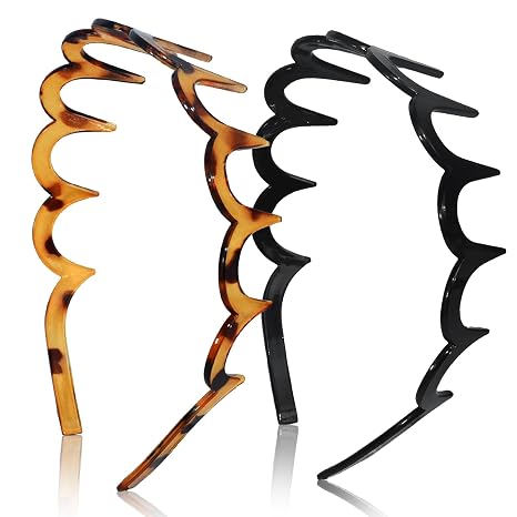 2026 Zigzag Headbands for Women, 2-Pack U-Shaped Hair Comb Headbands, Non-Slip Slick-Back Hair Accessories, Black & Tortoise Recycled Plastic, Teeth Hairband for Everyday Styling & Workout - skull headband
