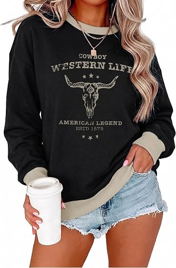 ASTANFY Cow Western Sweatshirts for Women Country Cowgirl Pullover Outfits - skull sweatshirts