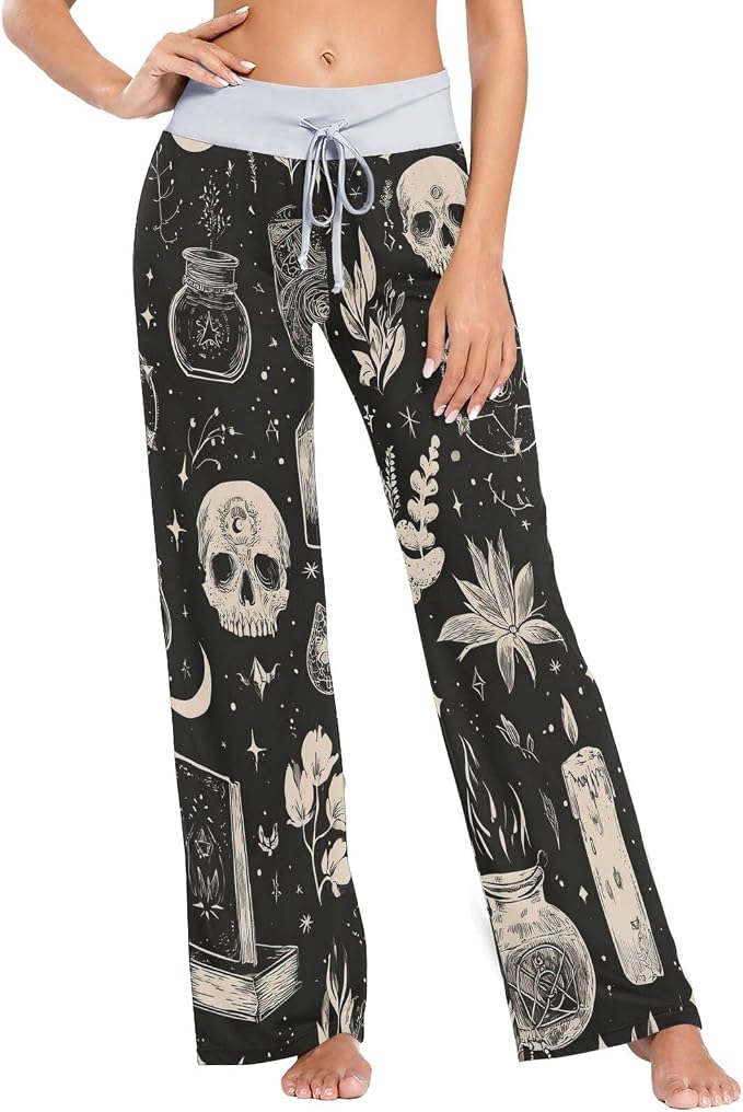 Women's Pajama Pants Palazzo Sleep Lounge Pj Bottoms Drawstring Wide Leg Pants - skull pajamas