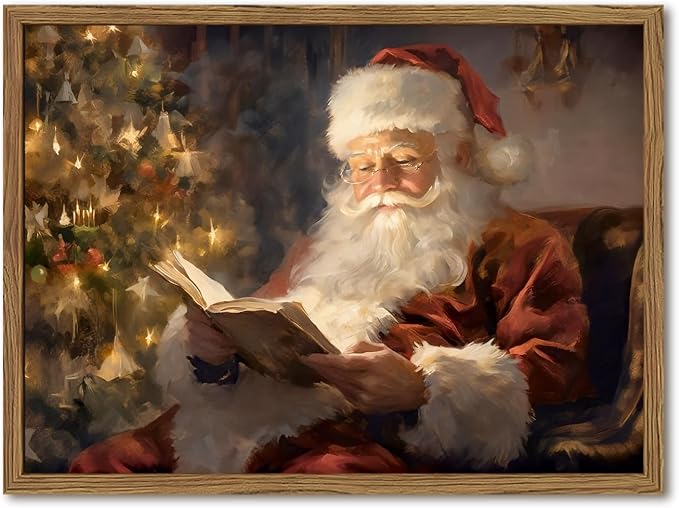 Framed Vintage Christmas Canvas Wall Art, Santa Claus Reading Book Paintings Wall Decor, Rustic Winter Holiday Pictures Prints for Living Room Bedroom Home Decoration 12×16 inch - skull wall art