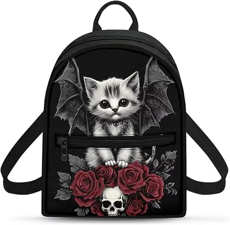 Rose Skull Backpack Purse for Women Goth Cat Mini Backpack with Front Pocket Canvas Lightweight Daypack for Office School Outfits