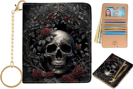 Wallet Women Small Cute,Slim Bifold Credit Card Holder, Compact RFID Blocking Cash Wallet,Billfolds Thin Leather Zipper Pocket,Mini Wallet for Ladies Teen Girls Travel (Rose Skull) - skull wallet