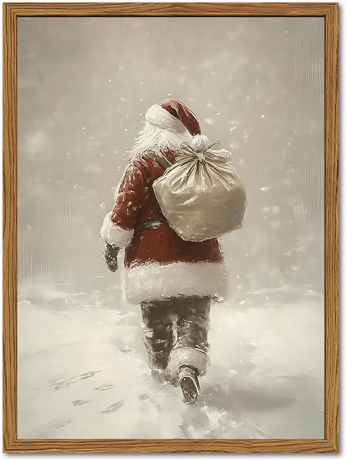 Framed Vintage Christmas Canvas Wall Art, Rustic Santa Claus Walking Snowy Wall Decor Paintings, Winter Holiday Aesthetics Pictures Print Christmas Home Decor for Living Room Bedroom 12×16 inch - skull wall art