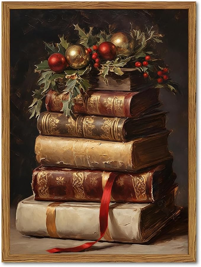 Framed Vintage Christmas Canvas Wall Art, Rustic Xmas Book Artwork Wall Decor Paintings, Retro Winter Holiday Pictures Prints Dark Academia Home Decor for Living Room Bedroom Libiary 16×24 inch - skull wall art