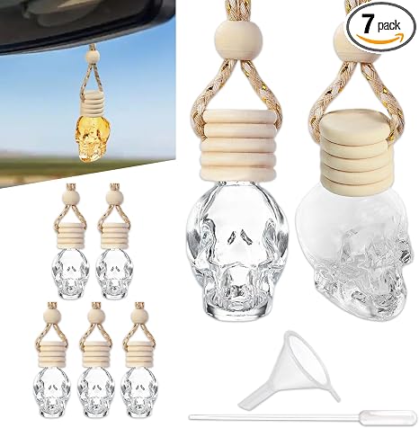 7PCS Hanging Car Air Freshener, Car Diffuser, Air Freshener Diffuser Bottle, Auto Accessories Empty Glass Automotive Perfume Bottle for Essential Oils Fragrance Aromatherapy Ornament Decor - skull bottle