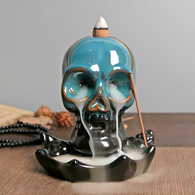 Backflow Ceramic Incense Burner for Incense Cones Creative Skull Shape Incense Stick Holder,Mediation Gift,Home Decor Blue Skull