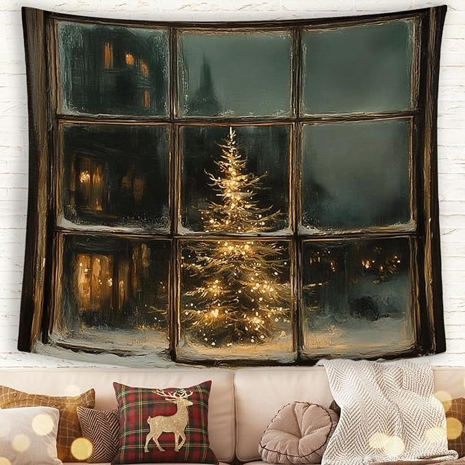 MNASAIOO Vintage Christmas Tree Lights Wall Tapestry Hanging for Bedroom, Winter Night Window Scene Banner Tapestries, Rustic Farmhouse Nostalgic Cozy Wall Decor for Holiday Living Room Home 50x60in - skull wall art