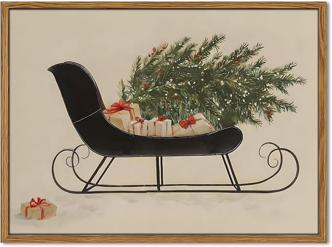 Framed Vintage Christmas Sleigh Wall Art, Rustic Christmas Pictures Wall Decor, Winter Holiday Paintings Canvas Prints for Living Room Bedroom Home Decoration 12x16 inch - skull wall art