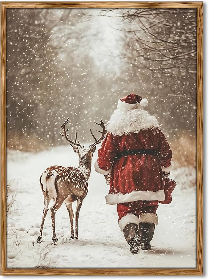 Framed Christmas Canvas Wall Art, Vintage Santa Claus and Reindeer Pictures Wall Decor, Rustic Winter Snow Landscape Paintings Prints Holiday Home Decor for Living Room Bedroom 12x16 inch - skull painting