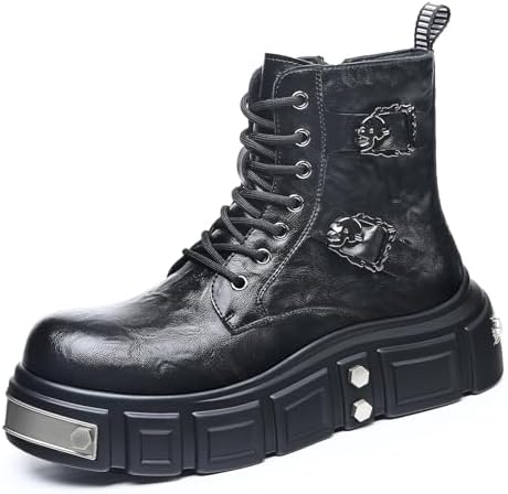 Men’s Leather Gothic Punk Ankle Boots Comfort Round Toe Lace-Up Side Zipper Platform Combat Boots for Concerts Festivals Night Outs And Everyday Edgy Style
