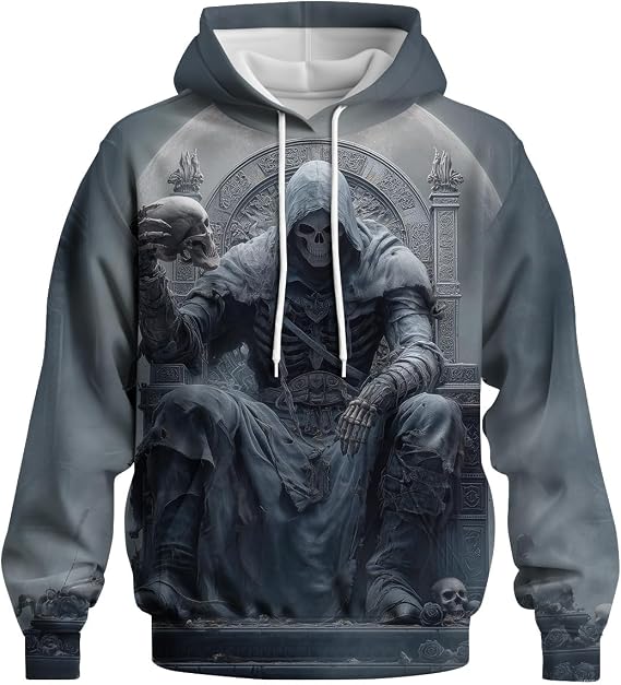 Novel Skull print Hoodie for Men Gothic Graphic Sweatshirt Pullover Long Sleeve with Hood - skull sweatshirts