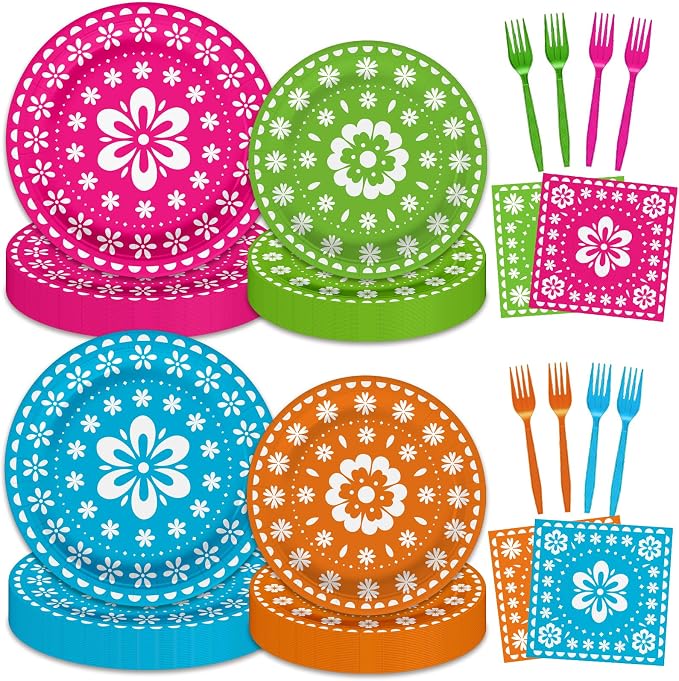 96 Pcs Mexican Fiesta Party Supplies Set, Serves 24 – Colorful Papel Picado Floral Paper Plates, Napkins, and Forks, Disposable Tableware for Cinco de Mayo, Birthday, and Fiesta Themed Decorations - skull plate