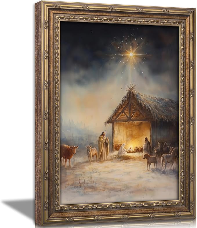 Vintage Nativity Scene Gold Framed Wall Art Birth of Jesus Christmas Christian Painting Canvas Prints Mary Joseph Holy Family Picture Star of Bethlehem Poster Artwork for Church Prayer Room, 9x11in - skull wall art