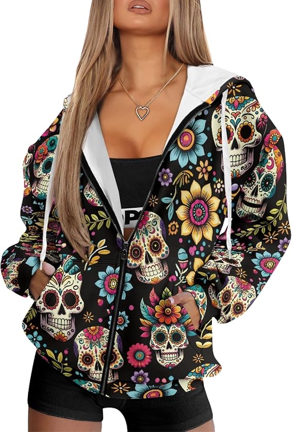 Womens Zip Up Hoodies Oversized Sweatshirts Trendy Clothes Fall Jackets for Women 2025 Casual Winter Jackets - skull leggings