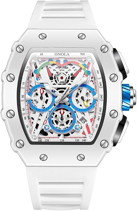 FANMIS Men's Tonneau Skeleton Watch Big Face Chronograph Silicone Strap 30M - skull watch