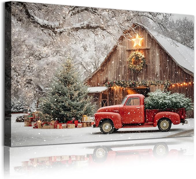 Tevenuktla Christmas Canvas Wall Art Winter Barn Print Red Barn Canvas Wall Art for Living Room Winter Pine Tree Poster Country Landscape Painting Winter Christmas Poster 16x24inch No Frame - skull wall art