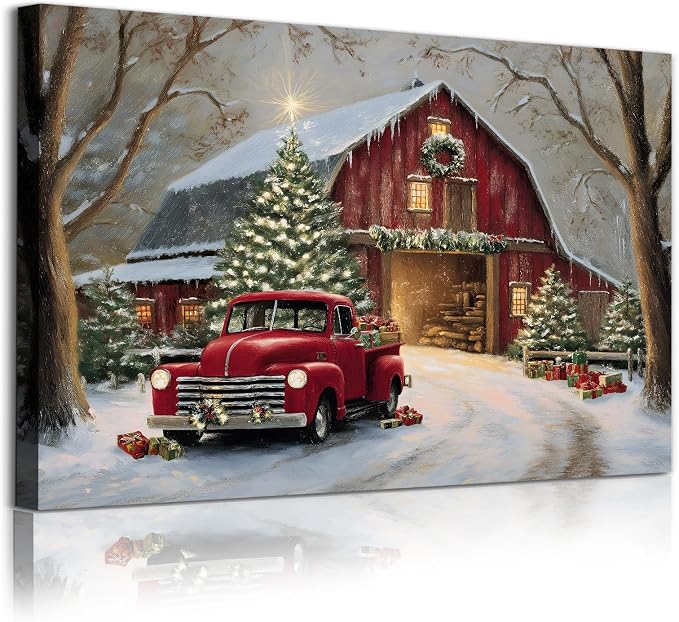 Tevenuktla Christmas Canvas Wall Art Vintage Christmas Print Red Barn Canvas Wall Art for Living Room Winter Pine Tree Picture Farmhouse Truck Paintings Winter Barn Print 16x24inch No Frame - skull painting