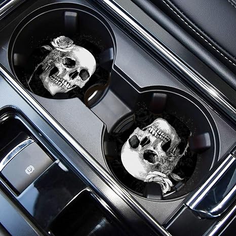 WOCOCN Car Coasters,Cup Holder Coasters for Car,2.75inch, Rose Skull - skull coaster