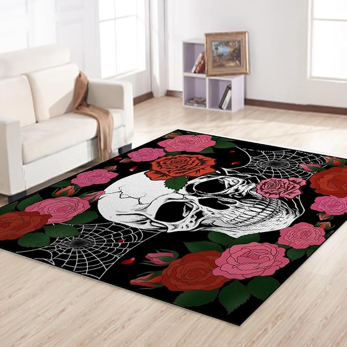 Gothic Skull Area Rugs for Teens Adult Bedroom Living Room, Black Spooky Halloween Men Boys Girls Decorative Carpet Mats 3x5 Home Decor, Floral Skeleton Indoor Floor Mat - skull carpet
