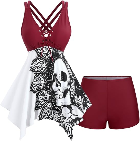ROSE GAL Plus Size Women Goth Two Piece Bathing Suit Skull Print Lace-up Crisscross Back Flowy Tankini Swimsuit - skull swimsuit