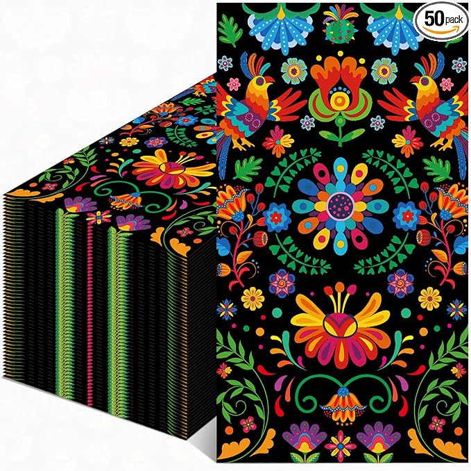 50 Pcs Mexican Fiesta Disposable Paper Napkins, Black Colorful Floral Print - skull plate