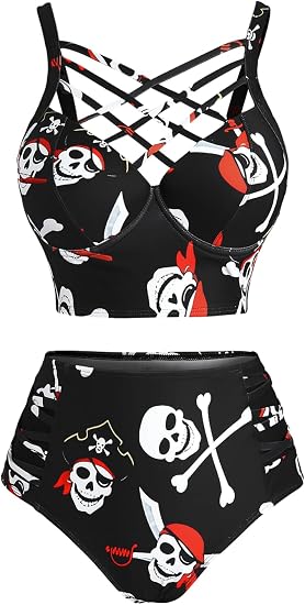 ROSE GAL Plus Size Women Gothic Bathing Suit High Waisted Underwire Push Up Bikini Set Goth Two Piece Swimsuits - skull swimsuit