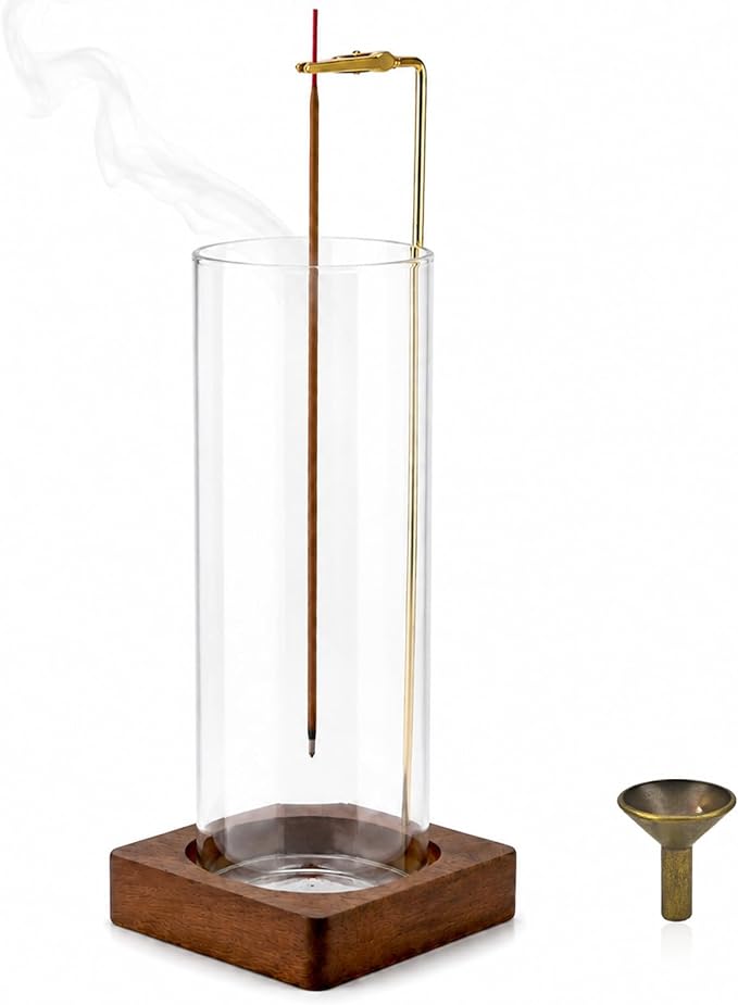 Round Glass Incense Holder, Hanging Incense Burner with Wooden Base - skull incense burner
