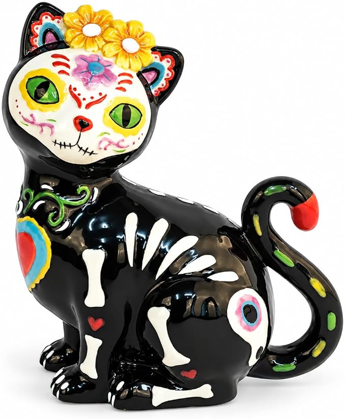 Blue Sky Clayworks Day of The Dead Deedee Cat Figurine, 7.375" L x 4.25" W x 8.25" H - skull figurine