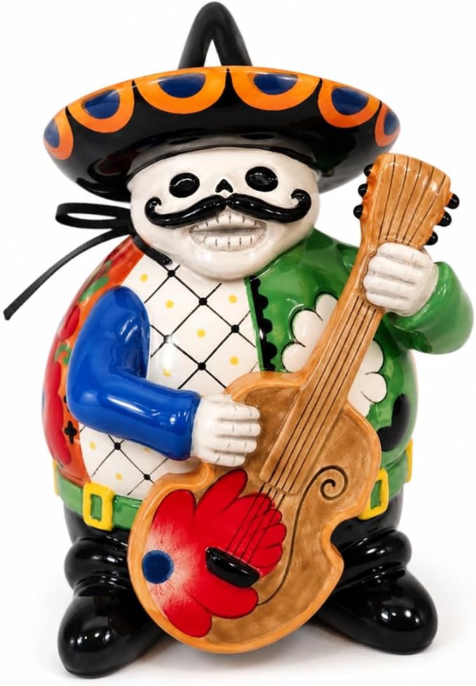Blue Sky Clayworks Day of The Dead Mariachi Guitar Figurine, 4.5" L x 4" W x 5.25" H - skull figurine