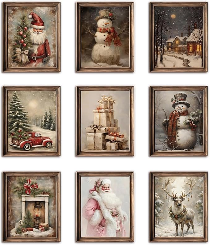 Vintage Christmas Canvas Wall Art Set of 9, Santa Claus Xmas Tree Snow Scene Prints Posters, Winter Holiday Artwork for Living Room Gallery Wall Decor, Christmas Aesthetic Home Decor 8x10 inch Unframed - skull wall art