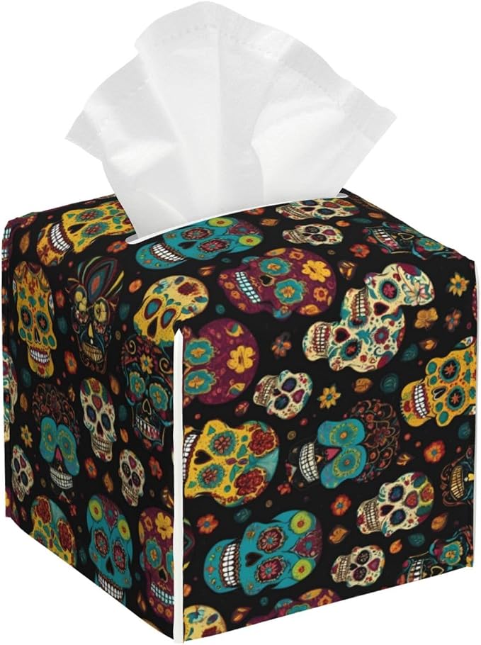 Sugar and Skulls Print Square PVC Leather Tissue Box, Reusable Tissue Container for Home Car Office - skull toilet paper