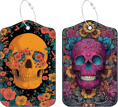 Floral Skull Luggage Tags 2 Pack, PU Leather Privacy Flap - skull suitcase