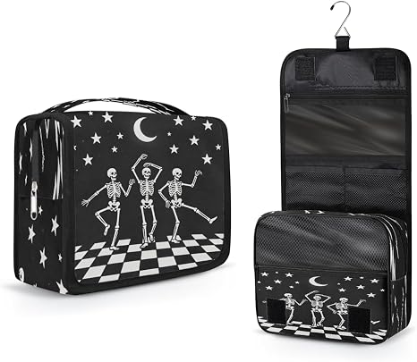 AUUXVA Kids Hanging Toiletry Bag for Boys - Waterproof Travel Cosmetic Organizer Makeup Pouch for Girls Shower Wash Bags with Hanging Hook Toiletries Storage Bag(Skull Dance) - skull suitcase