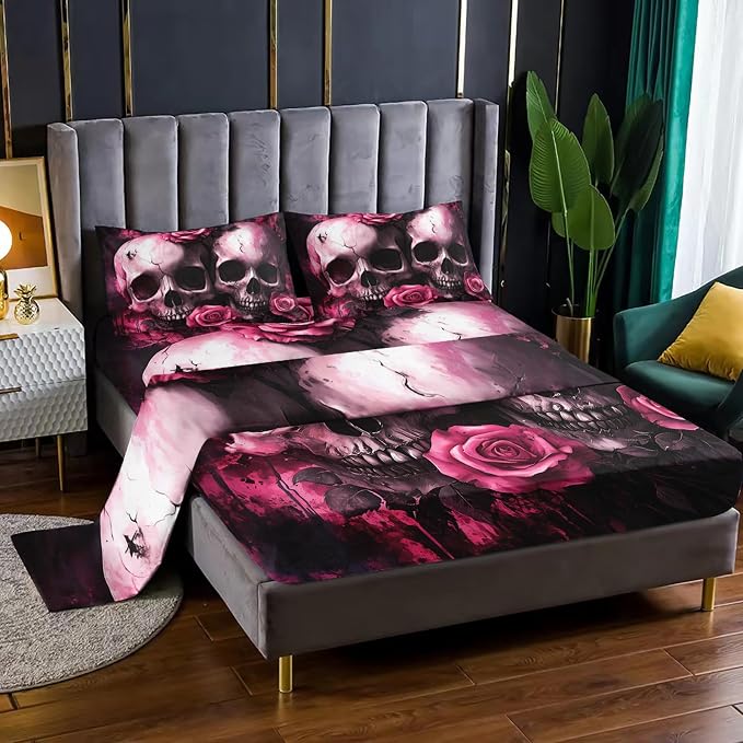 Nttopship Skull 4 Pieces Bed Sheet Sets Queen Size Vintage Sugar Pink Bedding Sets with 16" Deep Pockets Gothic Skull Skeleton Flower Bedroom Decor,Bedding Set 4 PCS(1 Fitted+1 Flat+2 Pillowcases) - skull bedding