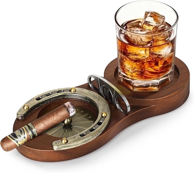 Cigar Ashtray, Horseshoe Wooden Whiskey Glass Tray with Cutter, Zinc Alloy Anti-scald Gasket, Cigar Slot and Holder for home, office, bar and outdoor (Brown-Whiskey Ashtray) - skull ashtray