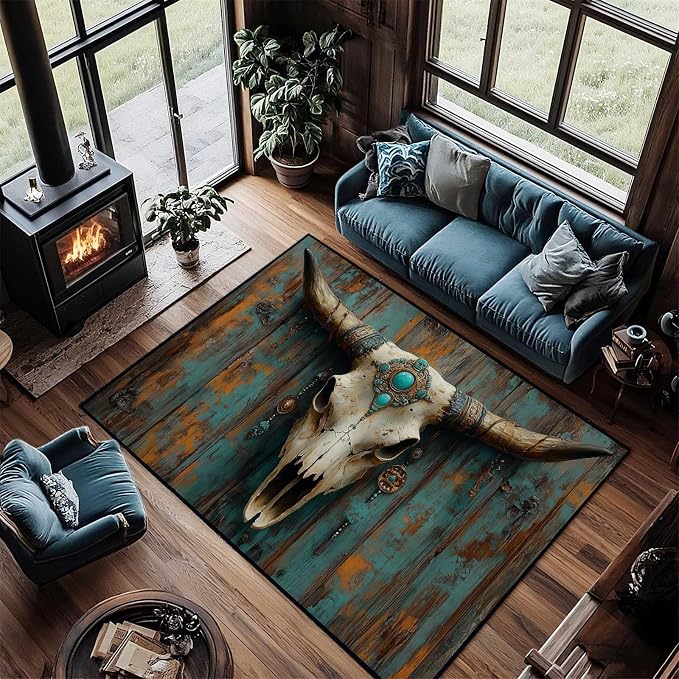 Southwestern Cow Skull Area Rug, Western Aztec Bull Skull Rug, Aztec Tribal Rugs, Native American Rugs, Moroccan Navajo Tribal Carpet for Living Room Bedroom (4' x 6'(Rectangular)) - skull carpet