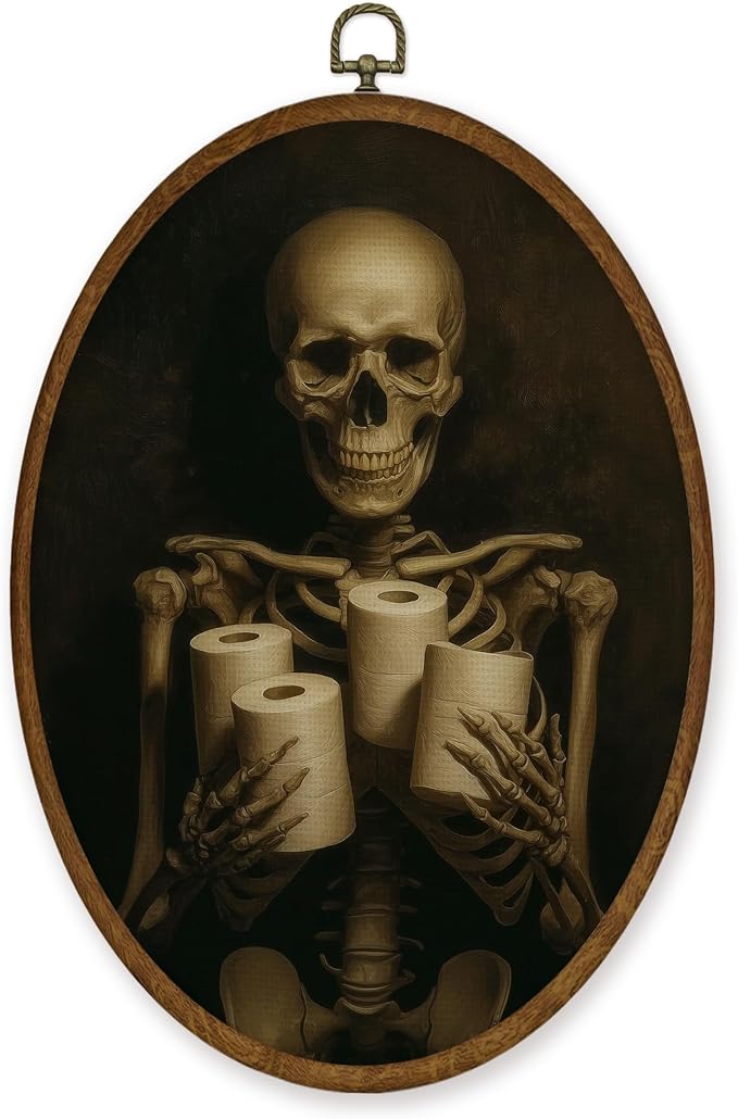 WULQYING Funny Gothic Skeleton Bathroom Wall Art Decor, Dark Academia Skeleton Oval Framed Canvas Art Prints, Halloween Wall Hanging Decor for Home Bathroom Washroom Restroom Toilet, 8.6×11.4 Inches