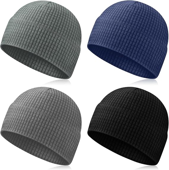 4 Pcs Grid Fleece Beanie for Men Winter Warm Waffle Beanie Hat - skull watch
