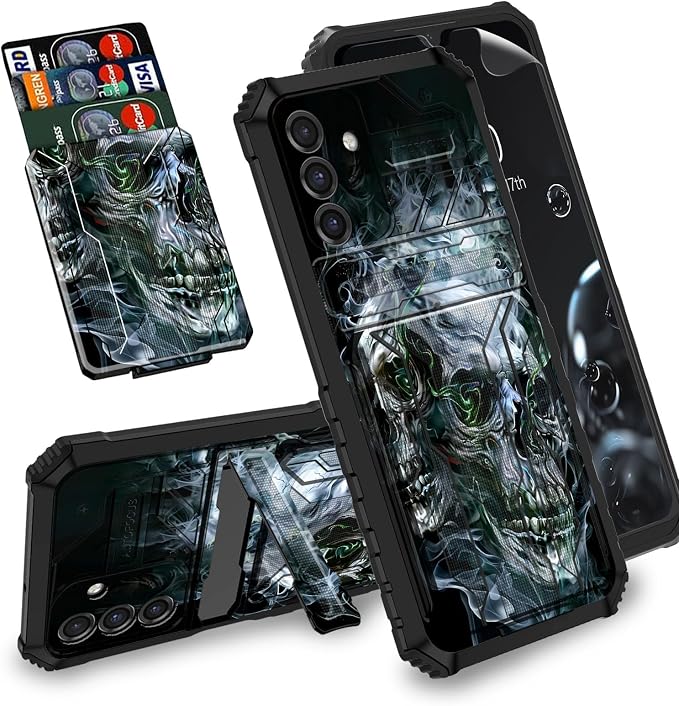 for Samsung Galaxy A17 5G Phone Case,for Galaxy A26 5G Phone Case with Screen Protector & Kickstand & Card Holder Detachable Dual Layer Hybrid Shockproof Protective,Cool Skull - Skull phone case