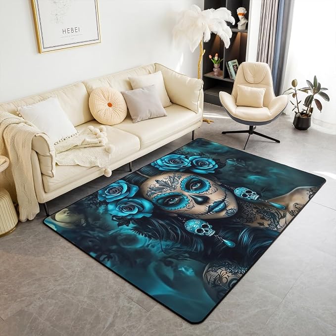 Erosebridal Sugar Skull Area Rug 5x7 Teal Rose Floral Rug for Bedroom Living Room Gothic Rose Skull Carpet Decor Halloween Indoor Floor Mat Non Slip - skull carpet
