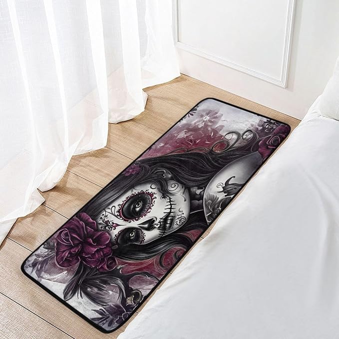 Sugar Skull Face Purple Kitchen Mat - 39x20 Inch, High-Density Sponge Interlayer, Absorbent Soft & Comfortable, Anti-Fade, Dot Backing for Kitchen Bathroom Living Room Bedroom - skull toilet mat