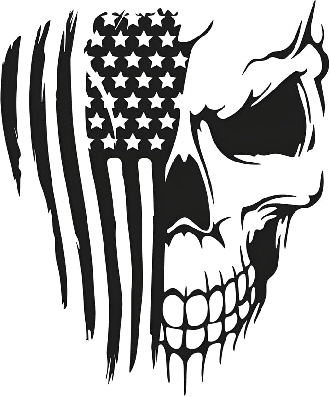 Distressed American Flag Skull Sticker Patriotic Decal – 12” Removable Waterproof Vinyl Bumper Stickers for Car, Truck, SUV, Van, Trailer, Window, Wall, Laptop, Tablet, Glass, Outdoor