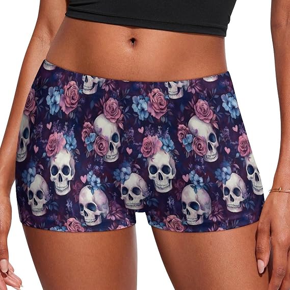 Pink Blue Rose Skull Print Womens Underwear Seamless Boyshorts, Soft Stretch Boxer Briefs Panties For Women - skull swimsuit