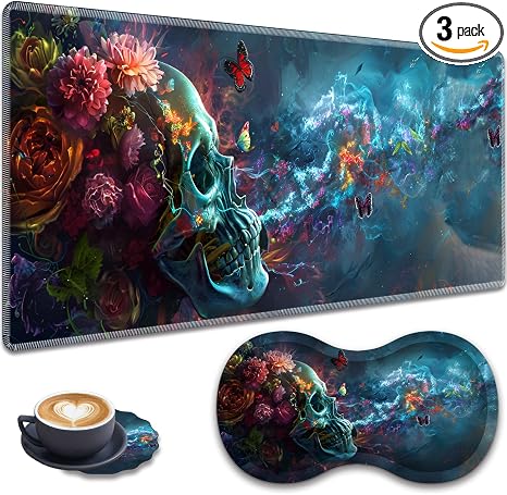 Large Gaming Mouse Pad + Wrist Rest + Lace Coaster Non-Slip Set, with Sewn Edges and Waterproof Expandable Desktop Pad, Suitable for Office/Home, Butterfly and Skull Flowers - skull coaster