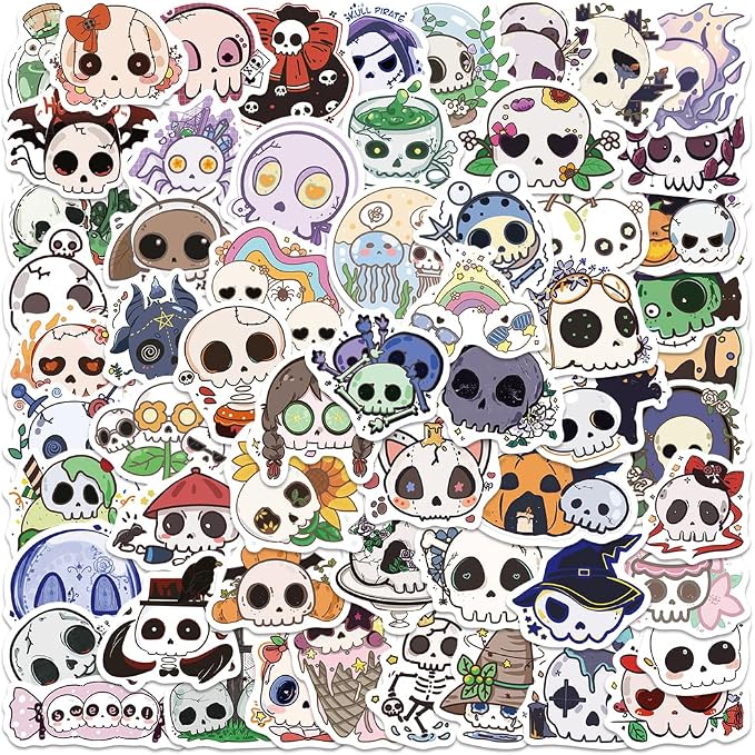 Cute Halloween Skull Stickers for Adults, 60PCS Funny Groovy Skull Vinyl Waterproof Stickers for Water Bottle, Laptop, Scrapbook, Journal, Kawaii Halloween Party Favors - skull sticker